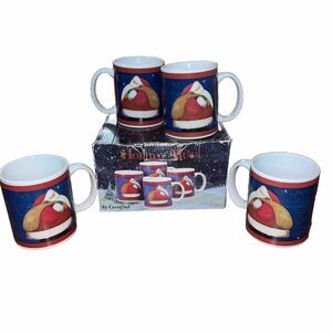 CIC Fiddlestix Set of 4 Ceramic Santa Christmas Holiday Mugs